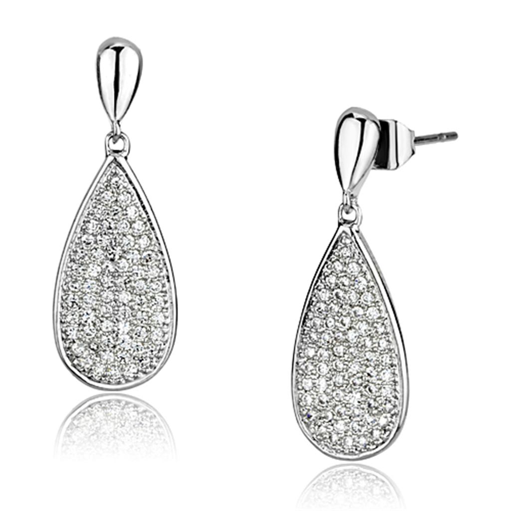 JCE380 Rhodium Brass Earrings with AAA Grade CZ  in Clear