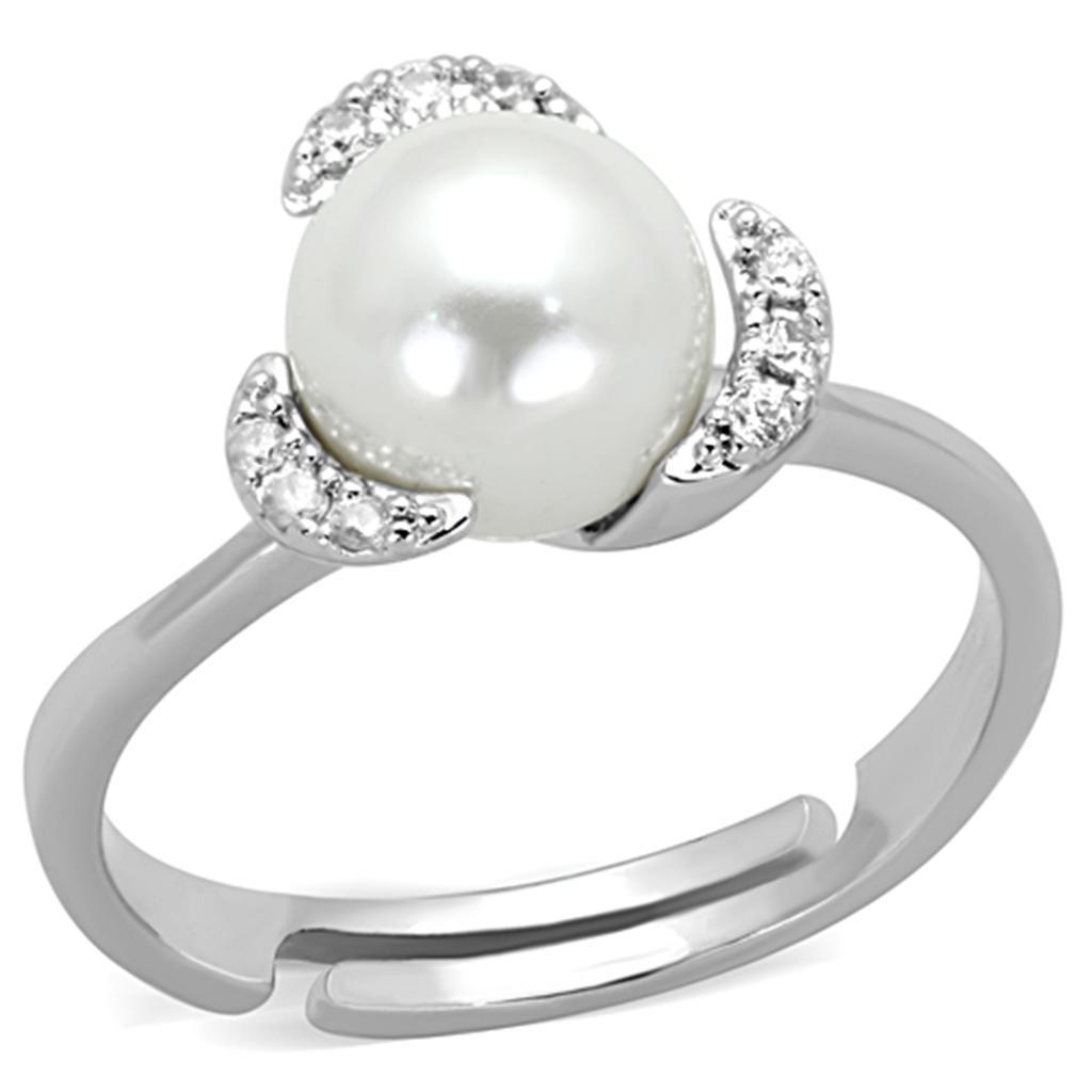 JCE722 Rhodium Brass Ring with Synthetic Pearl in White