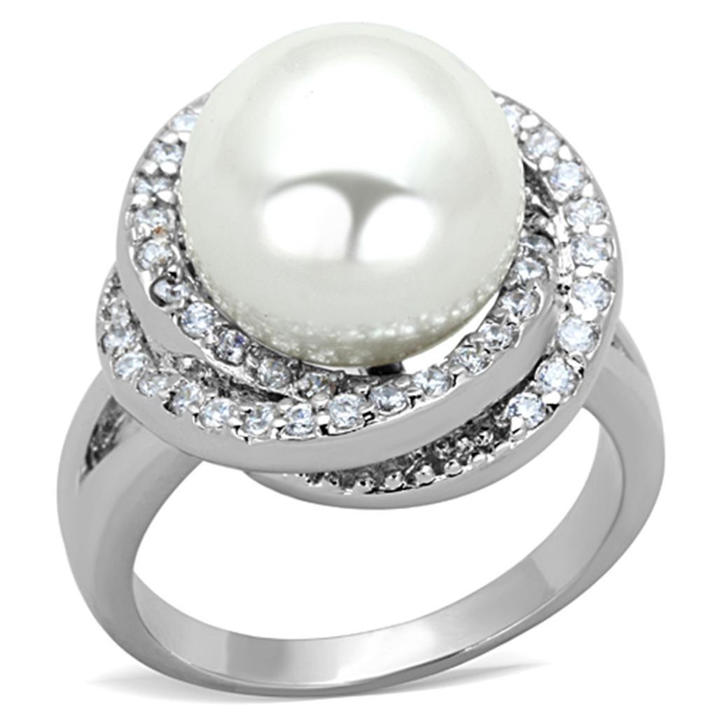 JCE759 Rhodium Brass Ring with Synthetic Pearl in White