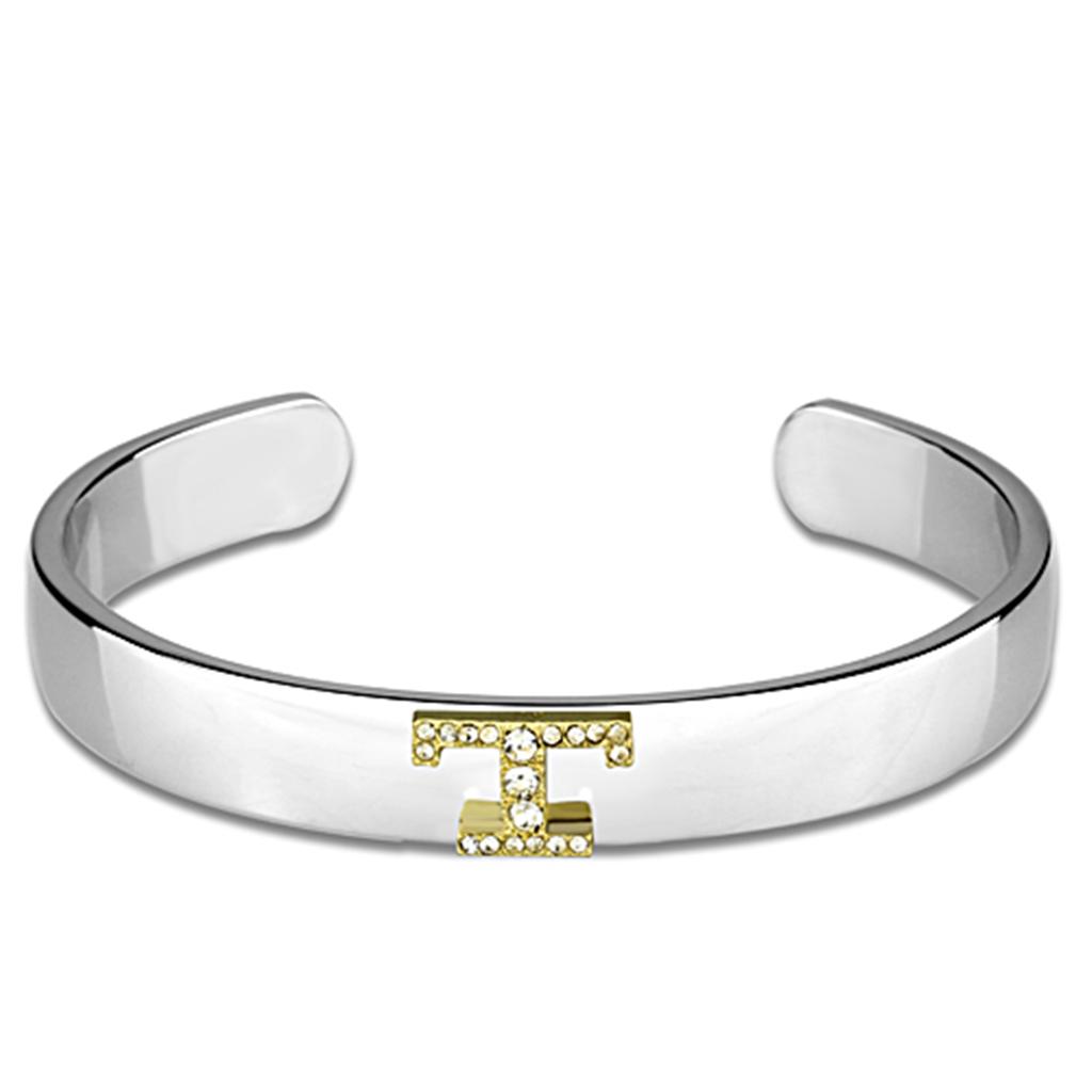 JCE3630 Reverse Two-Tone White Metal Bangle with Top Grade Crystal  in Clear