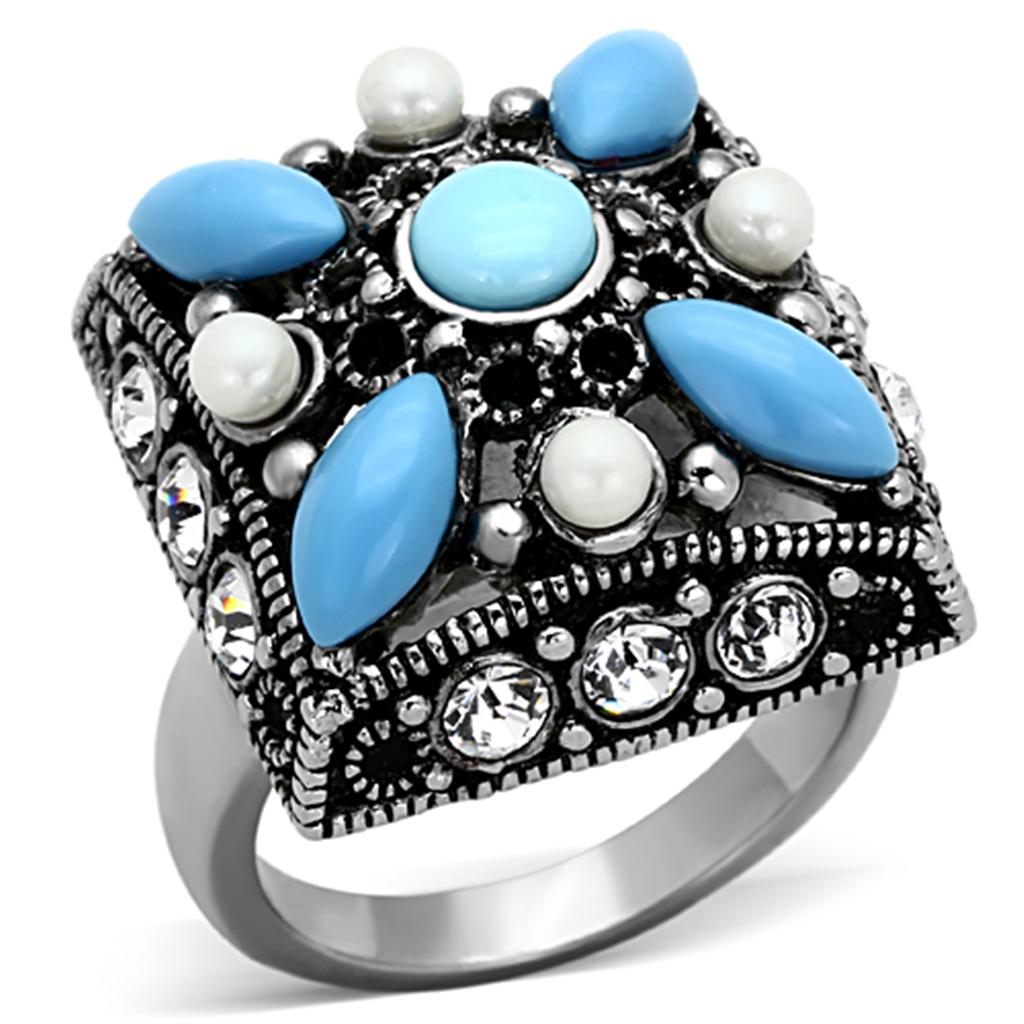 JCE1309 High polished (no plating) Stainless Steel Ring with Synthetic Turquoise in Sea Blue