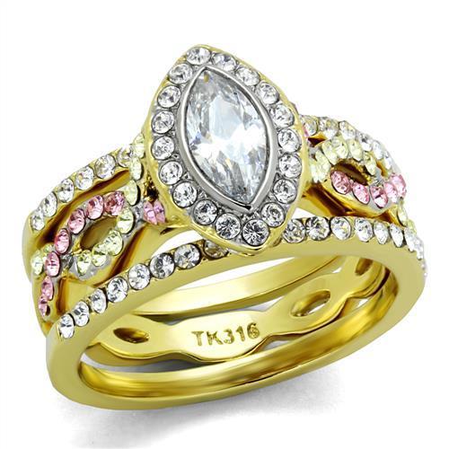 JCE2129 Two-Tone IP Gold (Ion Plating) Stainless Steel Ring with AAA Grade CZ  in Clear