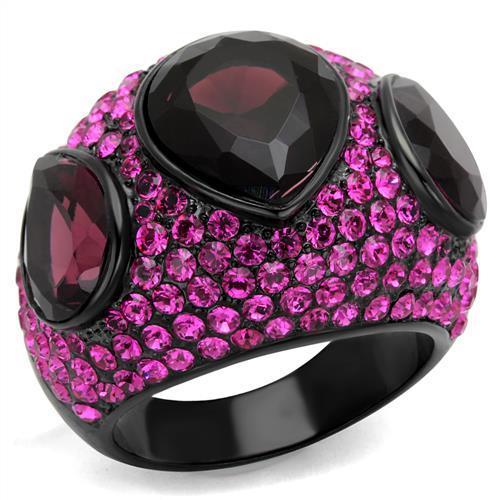 JCE2276 IP Black(Ion Plating) Stainless Steel Ring with Synthetic Synthetic Glass in Amethyst