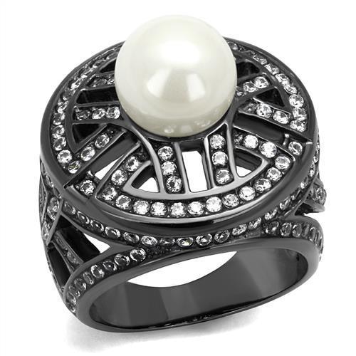 JCE2771 IP Light Black  (IP Gun) Stainless Steel Ring with Synthetic Pearl in White