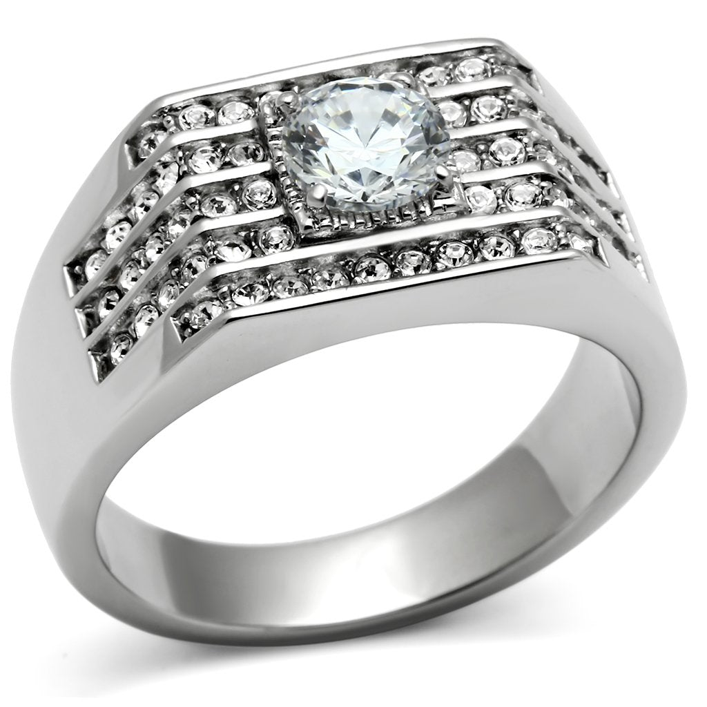 JCE351 High polished (no plating) Stainless Steel Ring with AAA Grade CZ  in Clear