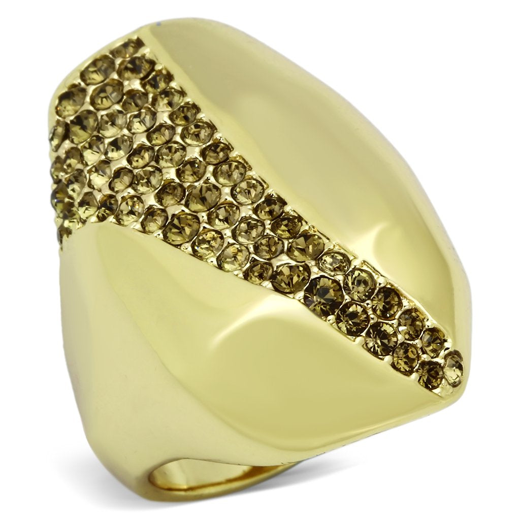 JCE854 IP Gold(Ion Plating) Stainless Steel Ring with Top Grade Crystal  in Smoked Quartz
