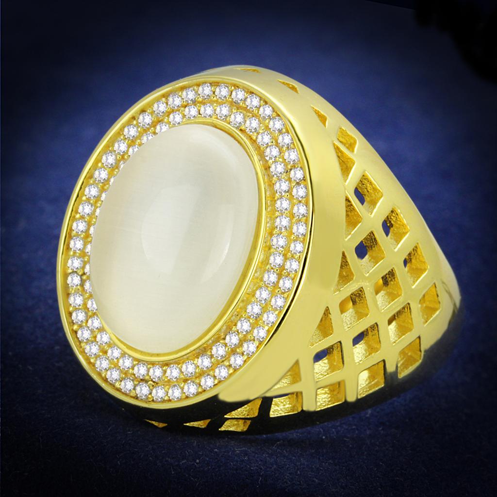 JCE244 Gold 925 Sterling Silver Ring with Synthetic Cat Eye in White